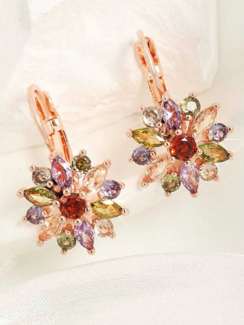 Multicolor Floral Crystal Drop Earrings - Rose Gold